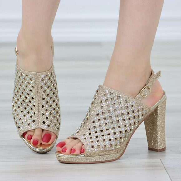 Sparkly Rhinestone Glitter Champagne Platform High Heels Open Toe Party Shoes - Picture 5 of 14